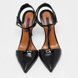 Ralph Lauren Black Leather and Patent Leather Ankle Strap  Pumps Size 37