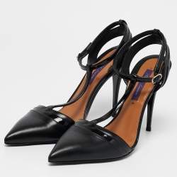 Ralph Lauren Black Leather and Patent Leather Ankle Strap  Pumps Size 37