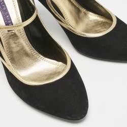 Ralph Lauren Black/Gold Leather and Suede Mary Jane Pumps Size 38.5