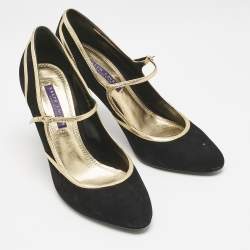 Ralph Lauren Black/Gold Leather and Suede Mary Jane Pumps Size 38.5