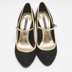 Ralph Lauren Black/Gold Leather and Suede Mary Jane Pumps Size 38.5