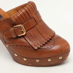 Ralph Lauren Brown Leather Fringe Detail Platform Clogs Size 37
