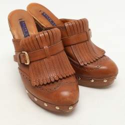 Ralph Lauren Brown Leather Fringe Detail Platform Clogs Size 37