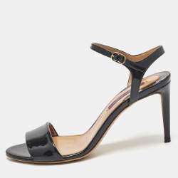 Ralph Lauren Navy Blue Patent Leather Ankle Strap Sandals Size 37