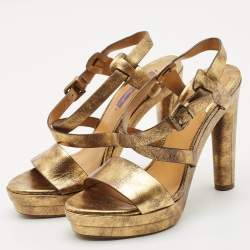 Ralph Lauren Metallic Gold Leather Estrid Platform Ankle Strap Sandals Size 39.5