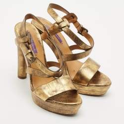 Ralph Lauren Metallic Gold Leather Estrid Platform Ankle Strap Sandals Size 39.5