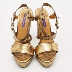 Ralph Lauren Metallic Gold Leather Estrid Platform Ankle Strap Sandals Size 39.5
