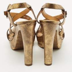 Ralph Lauren Metallic Gold Leather Estrid Platform Ankle Strap Sandals Size 39.5