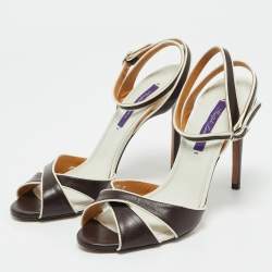 مملوكة مسبقًا صندل رالف لورين جلد بني/أبيض أمابيلا بحزام ملتف حول الكاحل مقاس 38.5