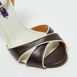 مملوكة مسبقًا صندل رالف لورين جلد بني/أبيض أمابيلا بحزام ملتف حول الكاحل مقاس 38.5