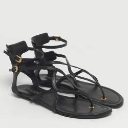 Pre Owned Ralph Lauren Size 38 Black Leather Thong Ankle Strap Sandals