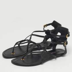 Pre Owned Ralph Lauren Size 38 Black Leather Thong Ankle Strap Sandals