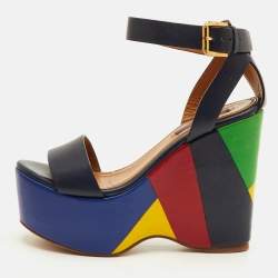 Pre Owned Ralph Lauren Arianna Size 37 Navy Blue Leather Colorblock Platform Wedge Sandals