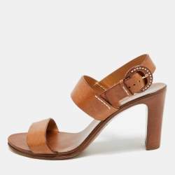 مملوكة مسبقًا Ralph Lauren Size 38.5 Brown Leather Ankle Strap Sandals
