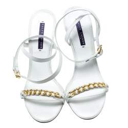 مملوكة مسبقًا Ralph Lauren White Leather Chain Detail Ankle Wrap Wedge Sandals Size 40