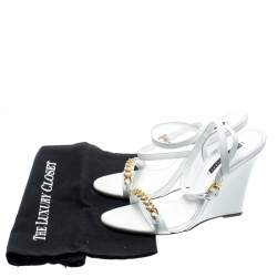 مملوكة مسبقًا Ralph Lauren White Leather Chain Detail Ankle Wrap Wedge Sandals Size 40