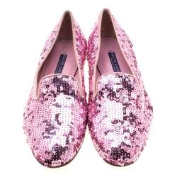 Pre Owned Ralph Lauren Pink Sequin Embellished Quintessa Pewter Smoking Slippers Size 37