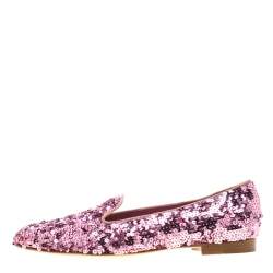 Pre Owned Ralph Lauren Pink Sequin Embellished Quintessa Pewter Smoking Slippers Size 37