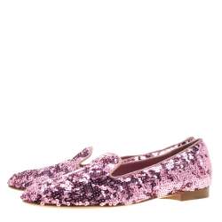 Pre Owned Ralph Lauren Pink Sequin Embellished Quintessa Pewter Smoking Slippers Size 37