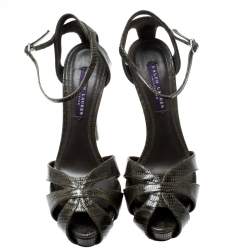 Pre Owned صندل رالف لورين سير كاحل جانيت جلد سحلية أخضر زيتوني مقاس 39