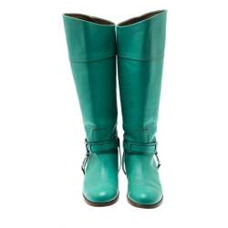 Pre Owned Ralph Lauren Collection Green Leather Buckle Detail Knee Length Boots Size 39