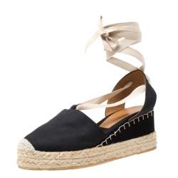 Pre Owned Ralph Lauren Black Canvas Uma Espadrille Wedge Ankle Wrap Platform Sandals Size 41