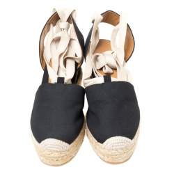 Pre Owned Ralph Lauren Black Canvas Uma Espadrille Wedge Ankle Wrap Platform Sandals Size 41