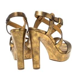 Pre Owned Ralph Lauren Metallic Gold Leather Estrid Platform Ankle Strap Sandals Size 37.5