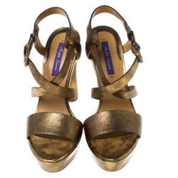 Pre Owned Ralph Lauren Metallic Gold Leather Estrid Platform Ankle Strap Sandals Size 37.5