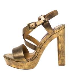 Pre Owned Ralph Lauren Metallic Gold Leather Estrid Platform Ankle Strap Sandals Size 37.5