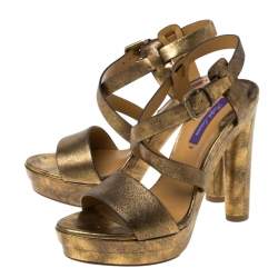 Pre Owned Ralph Lauren Metallic Gold Leather Estrid Platform Ankle Strap Sandals Size 37.5