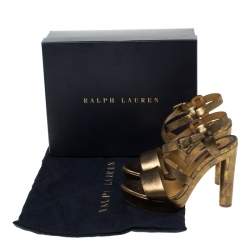 Pre Owned Ralph Lauren Metallic Gold Leather Estrid Platform Ankle Strap Sandals Size 37.5