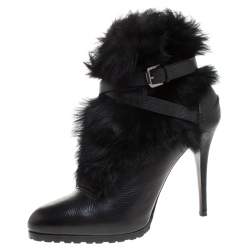 Pre Owned Ralph Lauren Black Leather and Faux Fur Vivian Ankle Boots Size 40