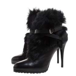 Pre Owned Ralph Lauren Black Leather and Faux Fur Vivian Ankle Boots Size 40
