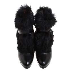 Pre Owned Ralph Lauren Black Leather and Faux Fur Vivian Ankle Boots Size 40