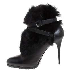 Pre Owned Ralph Lauren Black Leather and Faux Fur Vivian Ankle Boots Size 40