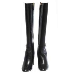 Pre Owned Ralph Lauren Black Leather Buckle Strap Knee Boots Size 37