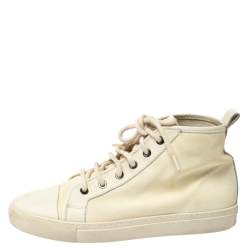 Pre Owned Ralph Lauren Light Cream Unlined Leather Lace High Top Sneakers Size 40