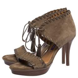 Pre Owned صندل رالف لورين سويدي بني بشراشيب دانتيل بحزام للكاحل ملتف نعل سميك مقاس 36