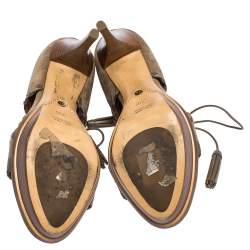 Pre Owned صندل رالف لورين سويدي بني بشراشيب دانتيل بحزام للكاحل ملتف نعل سميك مقاس 36