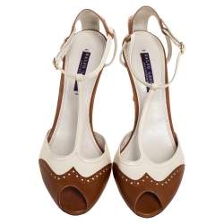 Pre Owned Ralph Lauren Two-Tone Brogue Leather Peep Toe Ankle Strap Sandals Size 40.5