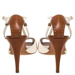 Pre Owned Ralph Lauren Two-Tone Brogue Leather Peep Toe Ankle Strap Sandals Size 40.5
