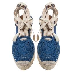 Ralph Lauren Blue Crochet Fabric Uma Espadrille Wedge Ankle Wrap Platform Sandals Size 37