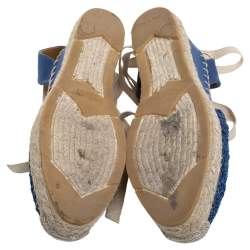 Ralph Lauren Blue Crochet Fabric Uma Espadrille Wedge Ankle Wrap Platform Sandals Size 37