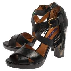 Pre Owned Ralph Lauren Black Leather Criss Cross Ankle Strap Sandals Size 38
