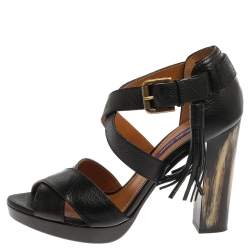 Pre Owned Ralph Lauren Black Leather Criss Cross Ankle Strap Sandals Size 38