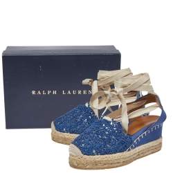 Pre Owned Ralph Lauren Blue Crochet Fabric Uma Espadrille Wedge Ankle Wrap Platform Sandals Size 38
