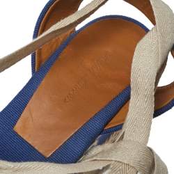 Pre Owned Ralph Lauren Blue Crochet Fabric Uma Espadrille Wedge Ankle Wrap Platform Sandals Size 38