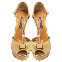 Pre Owned Ralph Lauren Beige Satin Metal  T Strap Platform Sandals Size 40