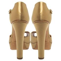 Pre Owned Ralph Lauren Beige Satin Metal  T Strap Platform Sandals Size 40
